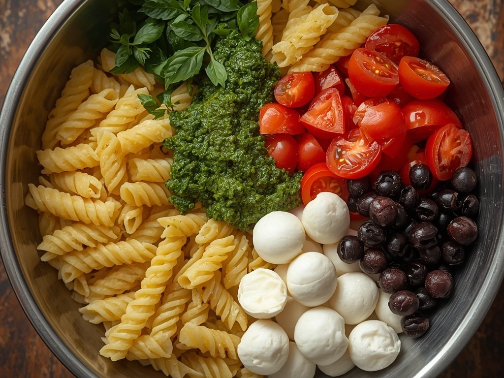 Pesto Pasta Salad: Quick Vegetarian Recipe 4 Pesto Pasta Salad - Process or ingredients