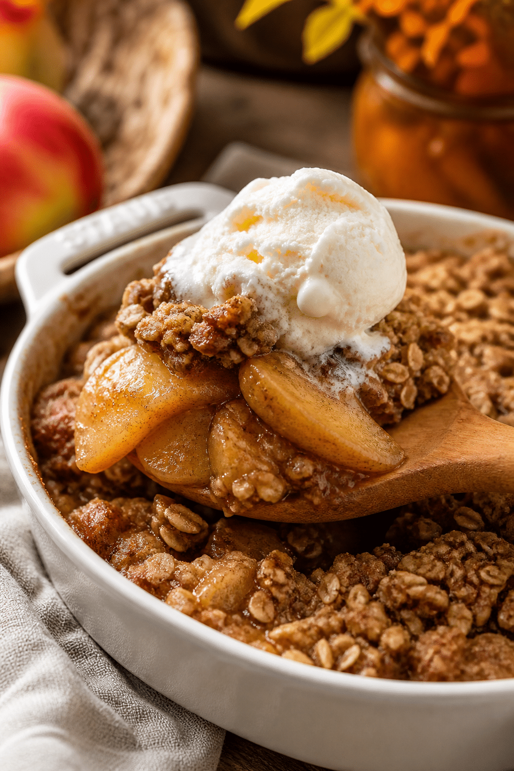 Easy apple crisp served warm with melting vanilla ice cream